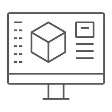 3d design thin line icon, model and computer, 3d modeling sign, vector graphics Illustrazione stock