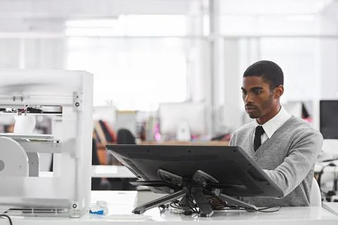 3D, designer and man with printer in office and drawing on monitor for rendering Stock Photos