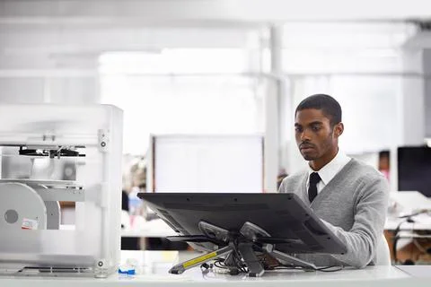 3D, designer and man with printer in office and drawing on monitor for rendering Stock Photos