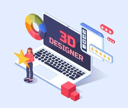3D designer concept on laptop screen. Vector illustration Stock Illustration