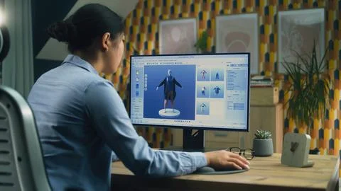 3D designer creating clothes on computer 스톡 사진