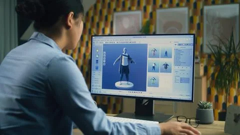 3D designer creating clothes on computer Stockfoto's