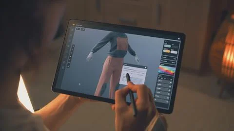3D designer creating clothes in design app 스톡 사진