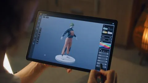 3D designer creating clothes in design app 스톡 사진