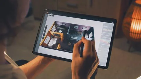 3D designer creating house interior on tablet Stock Photos