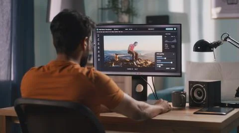 3D designer editing video on computer 写真素材
