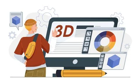 3d designer man. Young guy near computer screen with isometric cube. Freelancer Stock Illustration