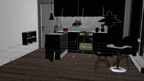 3d designer is working on a kitchen rendering on his computer. Pc screen Stock Footage 148377872