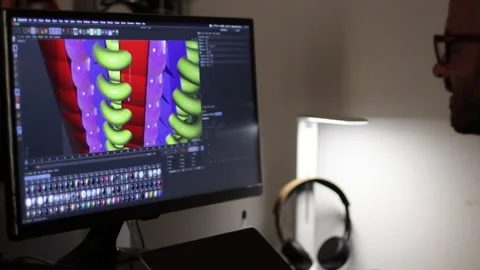 3D designer works on a 3d model. Animated graphics rendering Video stock 135986019