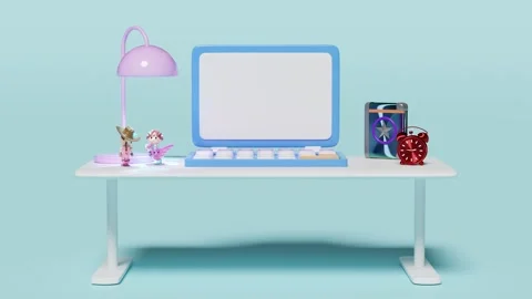 3d desk in office with laptop computer, textbook, book, toy, alarm clock, l.. Stock Footage 285832005