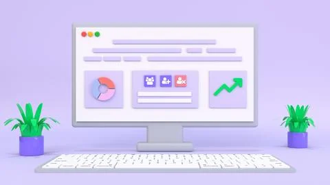 3d desktop, computer, computer screen with icons. Concept of marketing, web d Stock Illustration