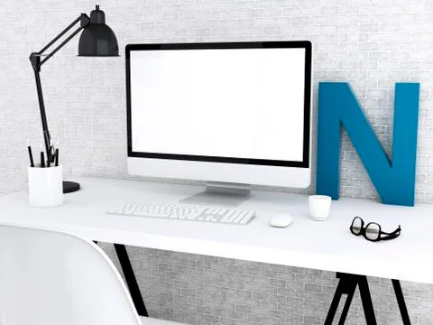 3d desktop with computer. Mock up Stock Illustration