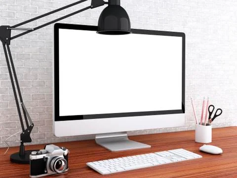 3d desktop with computer. Mock up Ilustración de archivo