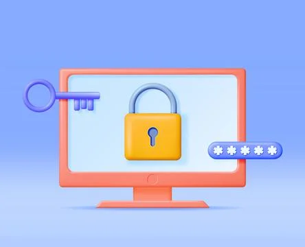 3D Desktop PC with Shield Lock and Password 库存插图