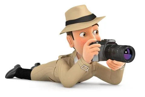 3d detective lying down with camera Stock Illustration