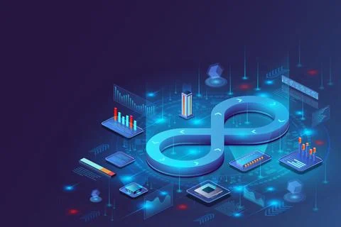 3D DevOps. Development service. Continuous icon. Delivery of software app. Cycle Stock Illustration