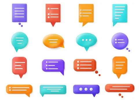 3d dialogue bubbles, circle and square speech box, online talk. Colorful cloud Stock Illustration