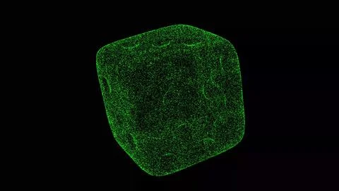 3D Dice on black bg. Object dissolved green flickering particles. Business .. Stockillustratie