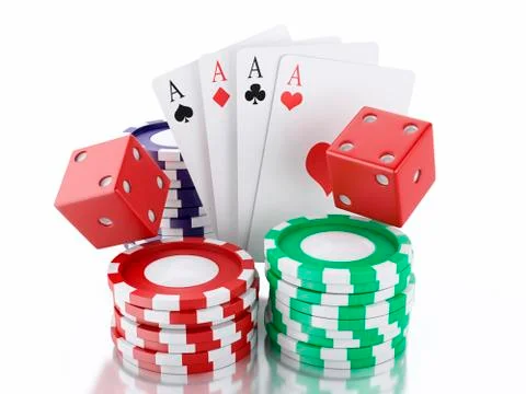 3d dice, cards and chips. Casino concept. Isolated white background Illustrazione stock
