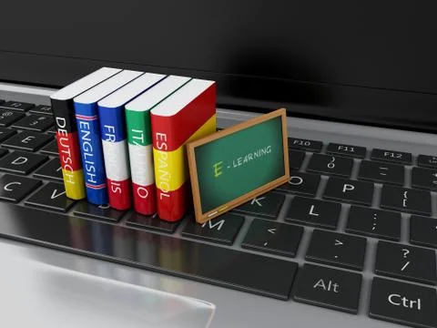 3d Dictionaries and blackboard on computer keyboard. E-learning Stock Illustration