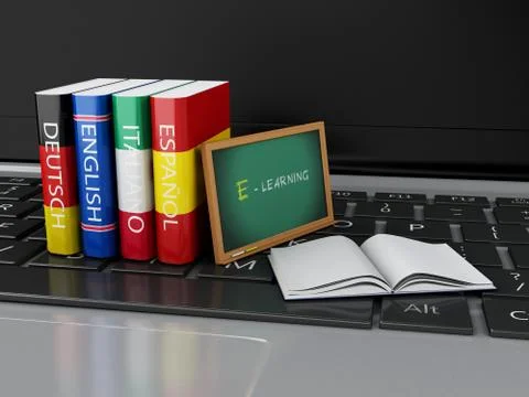 3d Dictionaries and blackboard on computer keyboard. E-learning Stock Illustration