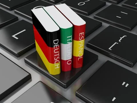 3d Dictionaries on computer keyboard. E-learning Stockillustratie