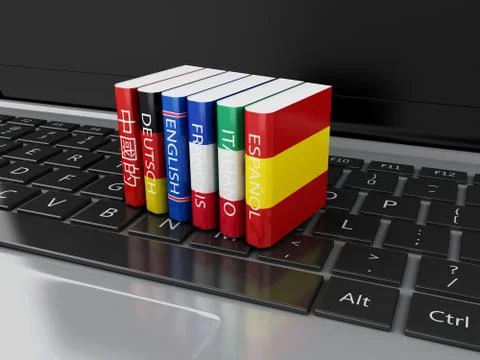 3d Dictionaries on computer keyboard. E-learning 스톡 일러스트