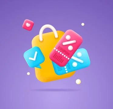3d Different Cupons and Paper Bag Sale Concept Plasticine Cartoon Style. Vector Stock Illustration