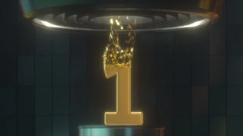 3D Digit 1 made with Gold Foil is Destroyed by Turbine Stock Footage 252638639