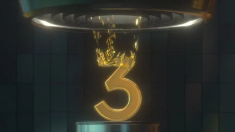 3D Digit 3 made with Gold Foil is Destroyed by Turbine Stock Footage 252638923