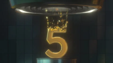3D Digit 5 made with Gold Foil is Destroyed by Turbine Stock Footage 252639281