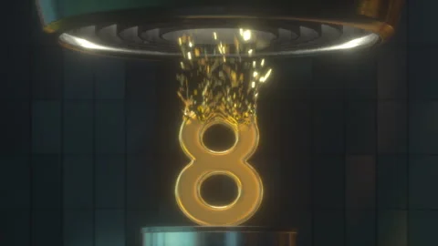 3D Digit 8 made with Gold Foil is Destroyed by Turbine Stock Footage 252639738