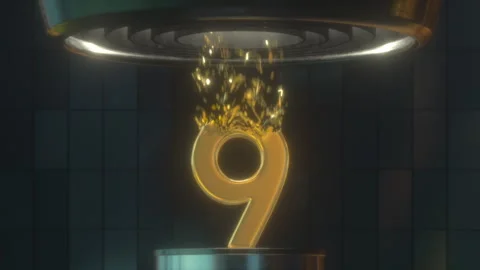3D Digit 9 made with Gold Foil is Destroyed by Turbine Stock Footage 252639828