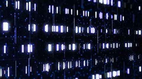 3D digital background with luminous stripes on dark background. Animation. Cyber Stock Footage 136027693