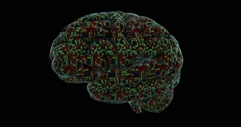 3d digital brain made from printed circuit board and processors. Digital neural Stock Footage 143599297