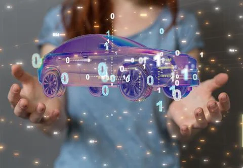 3D digital car surrounded by binary codes, concept of autonomous driving with an Stock Photos