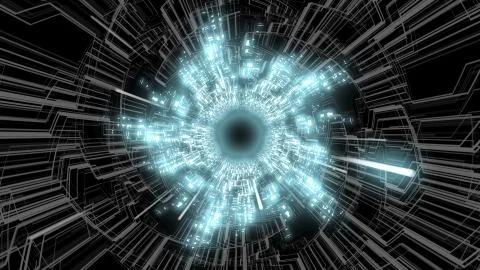 3D Digital Circuit System Tunnel with Glowing Light Waves BG Ver.2 (Half Wave) Stock Illustration