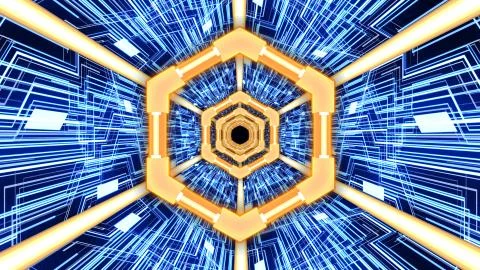3D Digital Circuit System Tunnel with Hexagon Rings in Orange-Blue Background Stock Illustration