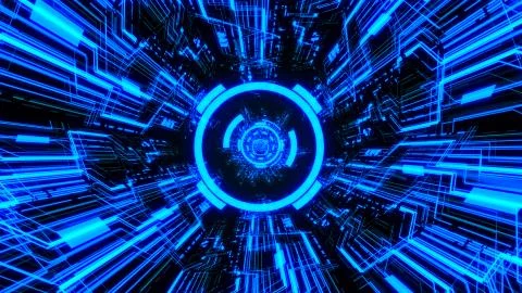 3D Digital Circuit System Tunnels and Waves in Blue color theme Background Ver.2 Illustrazione stock