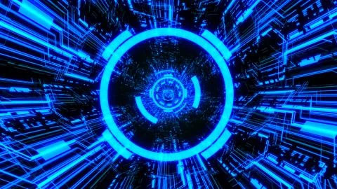 3D Digital Circuit System Tunnels and Waves in Blue color theme Background Ver.3 Stock Illustration