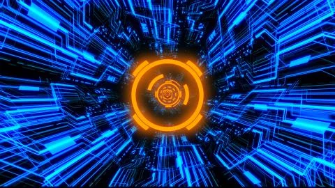 3D Digital Circuit System Tunnels and Waves in Orange-Blue color theme BG Ver.1 Illustrazione stock