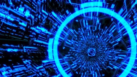 3D Digital Circuit System Tunnels and Waves in Blue color theme Background Ver.5 Stock Illustration