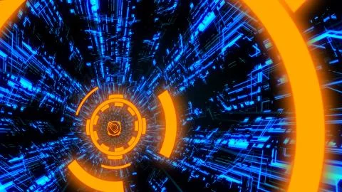 3D Digital Circuit System Tunnels and Waves in Orange-Blue color theme BG Ver.3 Illustrazione stock