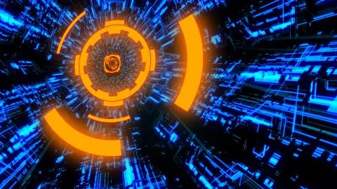 3D Digital Circuit System Tunnels and Waves in Orange-Blue color theme BG Ver.5 Illustrazione stock