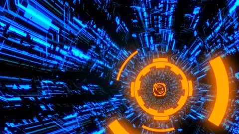 3D Digital Circuit System Tunnels and Waves  in Orange-Blue color theme BG Ver.6 Illustrazione stock