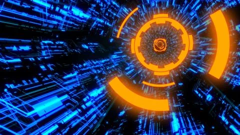 3D Digital Circuit System Tunnels and Waves in Orange-Blue color theme BG Ver.4 Stock Illustration