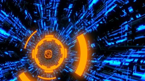 3D Digital Circuit System Tunnels and Waves in Orange-Blue color theme BG Ver.7 Stock Illustration