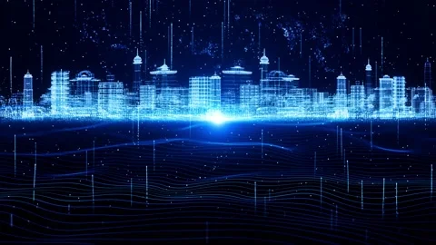 3D Digital City wireframe in bright blue and white colors consist of particles Video stock 150009149