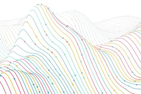 3D digital colored wireframe landscape on white background. Stock Illustration