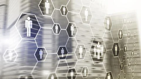 3d Digital composite image of people icons on office buildings background Fotos de archivo